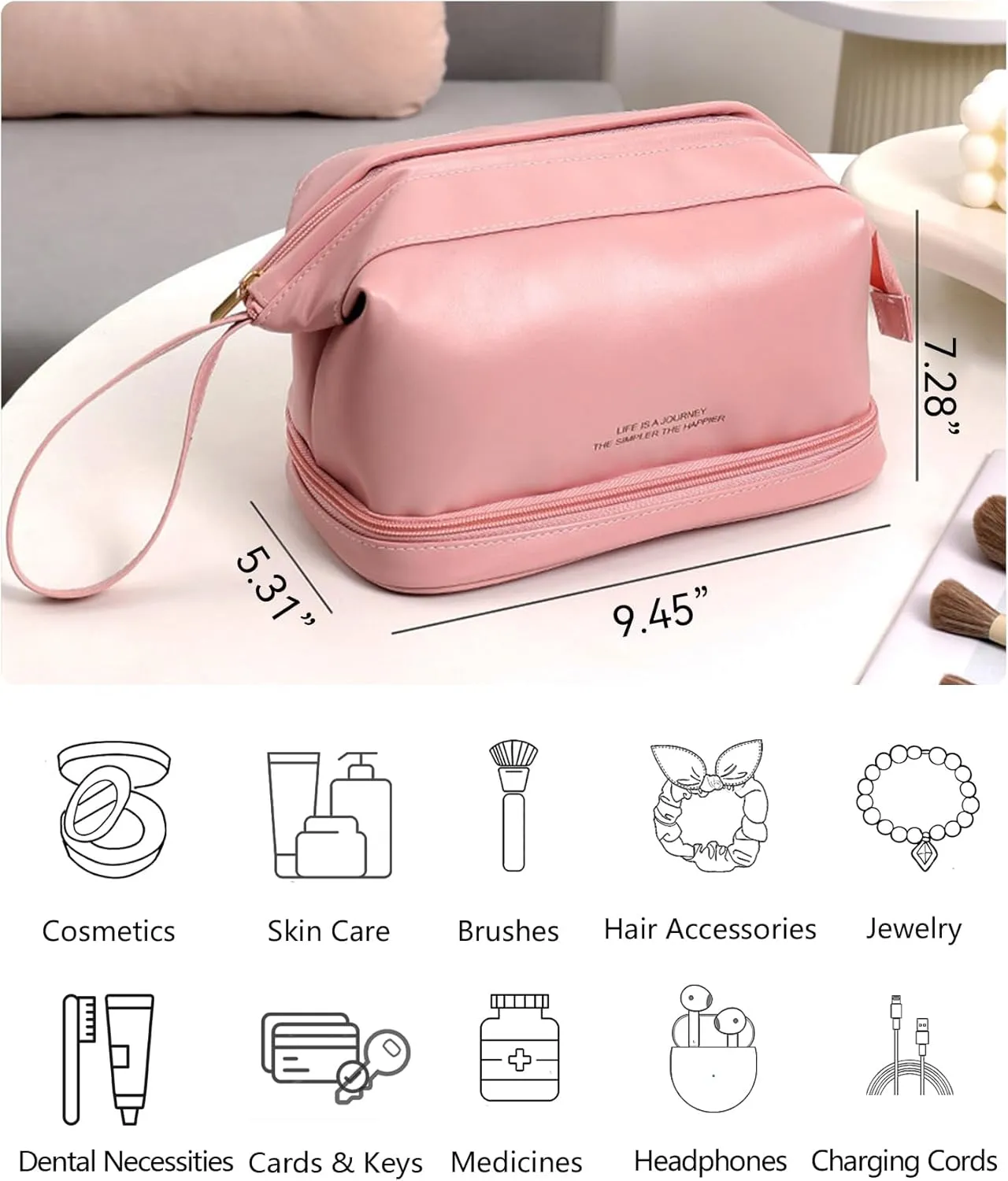 GRINKO Travel Makeup Bag, Large Capacity Toiletry Bag, Portable Pouch Cosmetic Bags for Women, PU Leather Waterproof Make up Organizer Pink