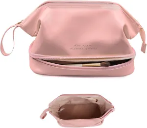 GRINKO Travel Makeup Bag, Large Capacity Toiletry Bag, Portable Pouch Cosmetic Bags for Women, PU Leather Waterproof Make up Organizer Pink