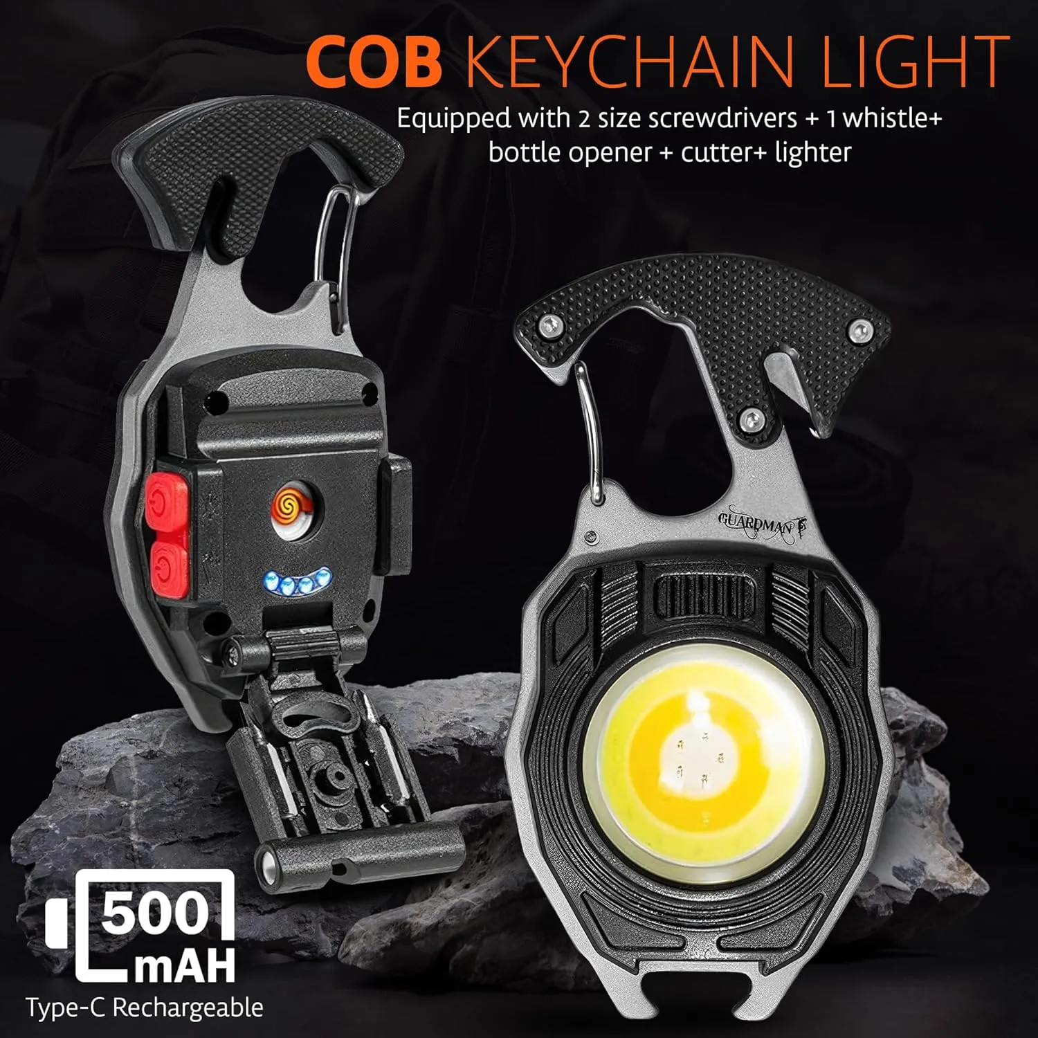 GUARDMAN Fathers Day Gift for Dad – Multitool Survival keychain Tool, LED Flashlight, Carabiner, Fire Starter, Screwdriver, Whistle, Bottle Opener – Camping & Outdoor Multi Tool Gear - 200 Pack