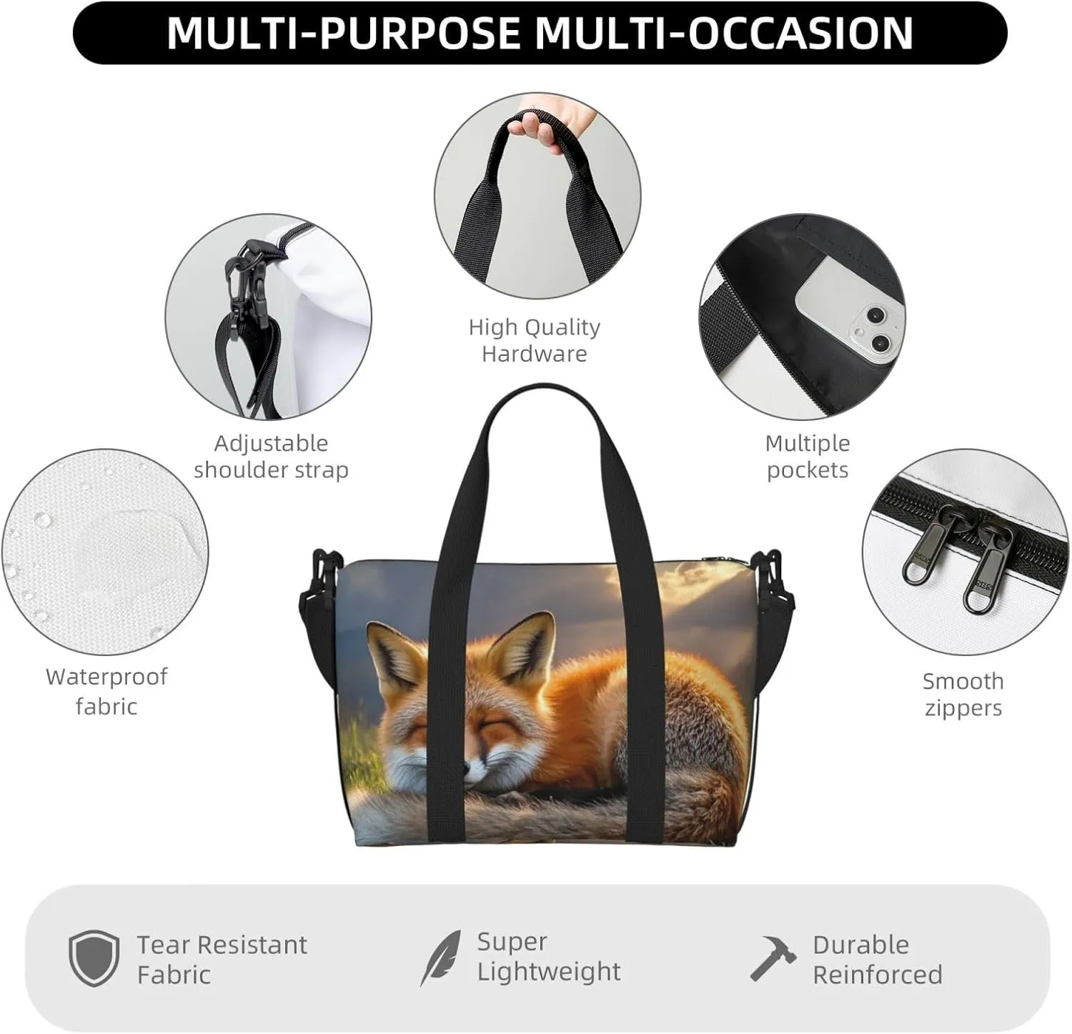 Gym Bag A Sleeping Fox Duffel Bag for Men Women Travel Overnight Bag with Shoe Compartment Workout Bags