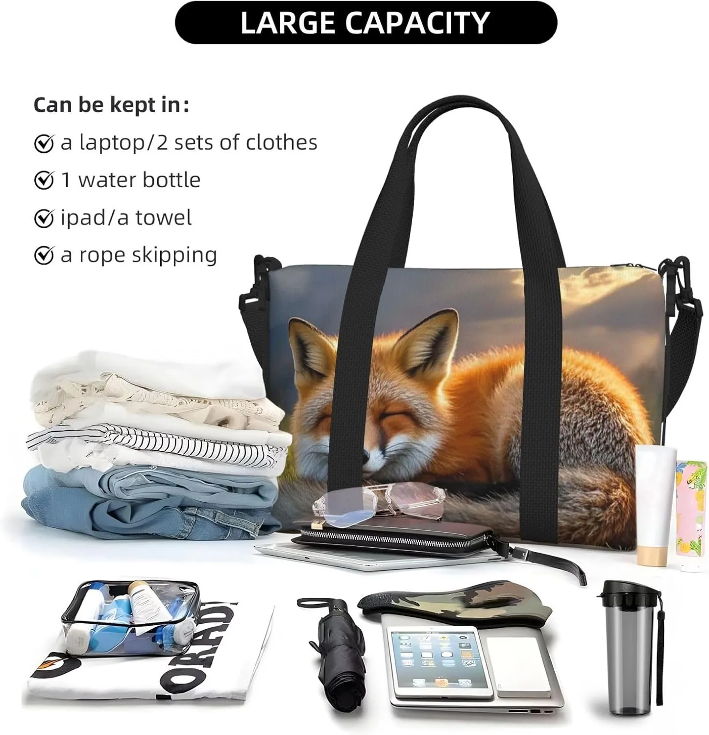 Gym Bag A Sleeping Fox Duffel Bag for Men Women Travel Overnight Bag with Shoe Compartment Workout Bags