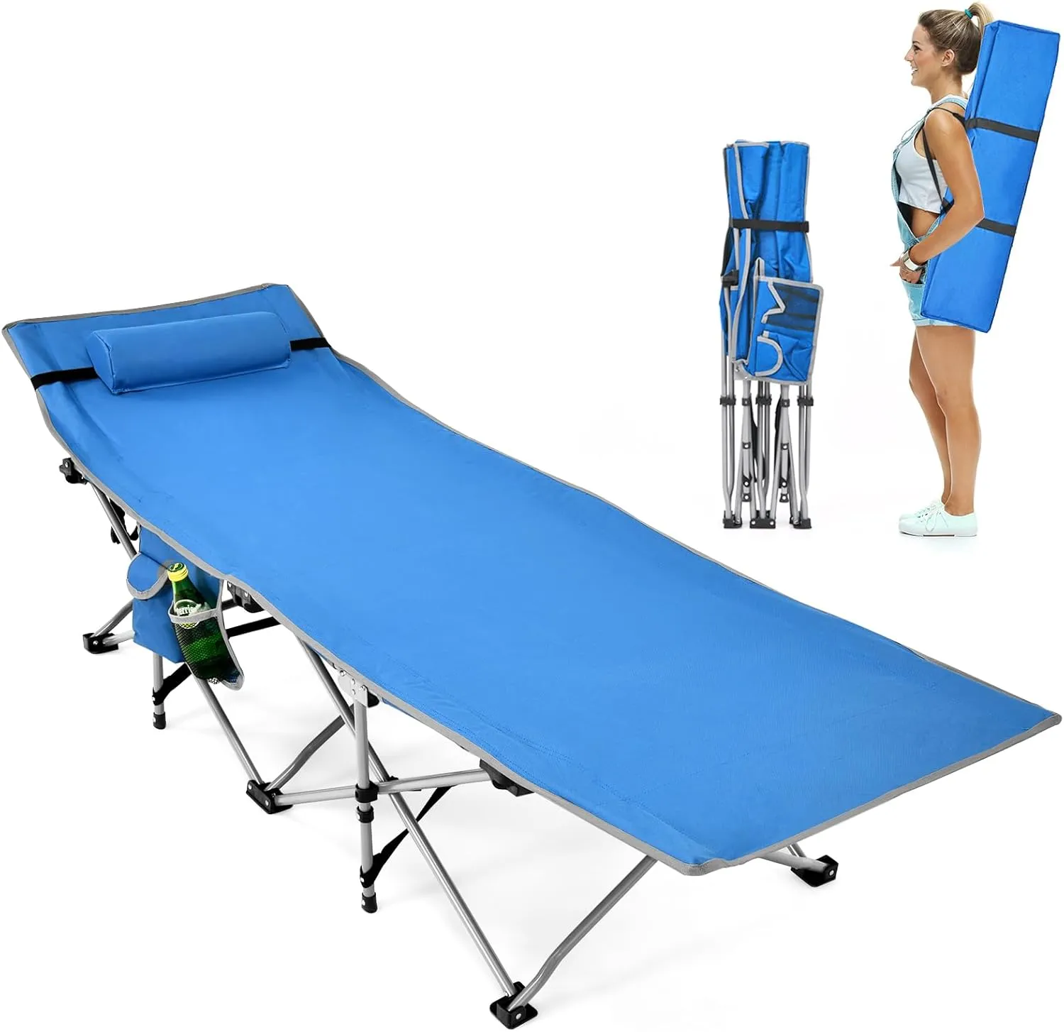 GYMAX Camping Cot, Folding Portable Lightweight Sleeping Cot with Pillow, 2 Side Pockets & Carrying Bag, 500 lbs Heavy Duty Outdoor Cot Bed for Camping Hiking RV Traveling Beach Office (Blue)