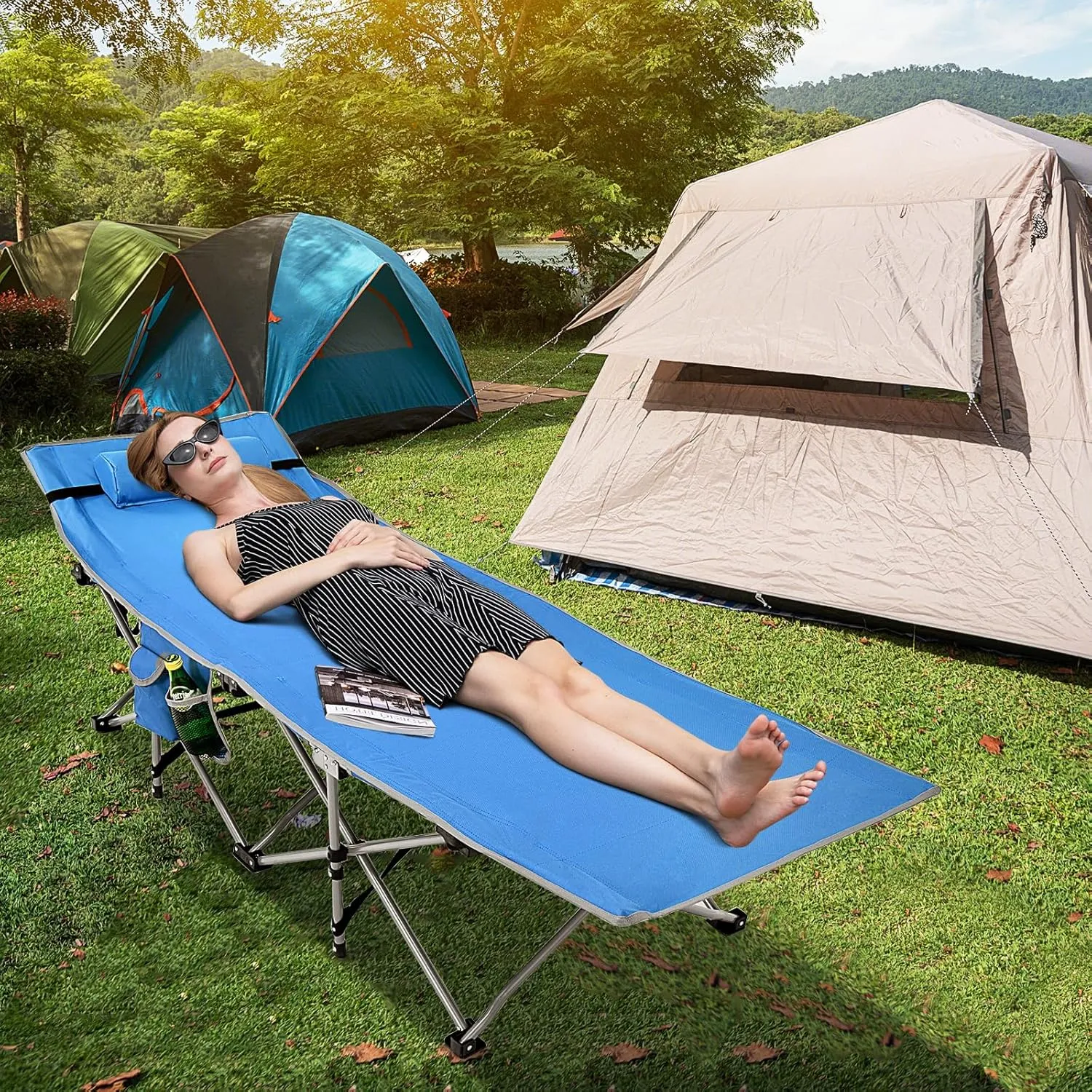 GYMAX Camping Cot, Folding Portable Lightweight Sleeping Cot with Pillow, 2 Side Pockets & Carrying Bag, 500 lbs Heavy Duty Outdoor Cot Bed for Camping Hiking RV Traveling Beach Office (Blue)