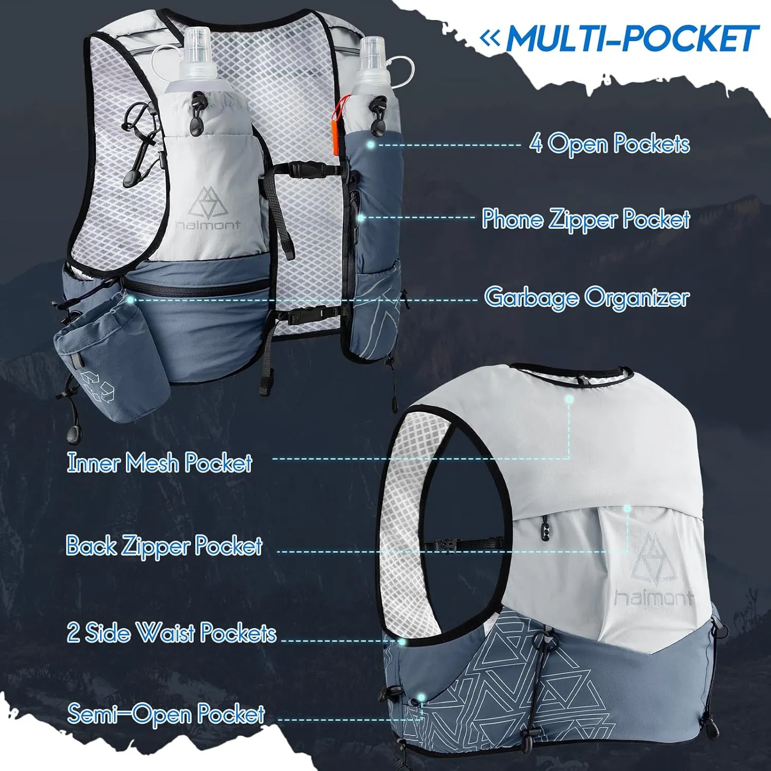 Haimont Hydration Running Vest with Water Bottles for Women Men, Adjustable Lightweight 8L Water Backpack with Soft Flasks for Trail Running