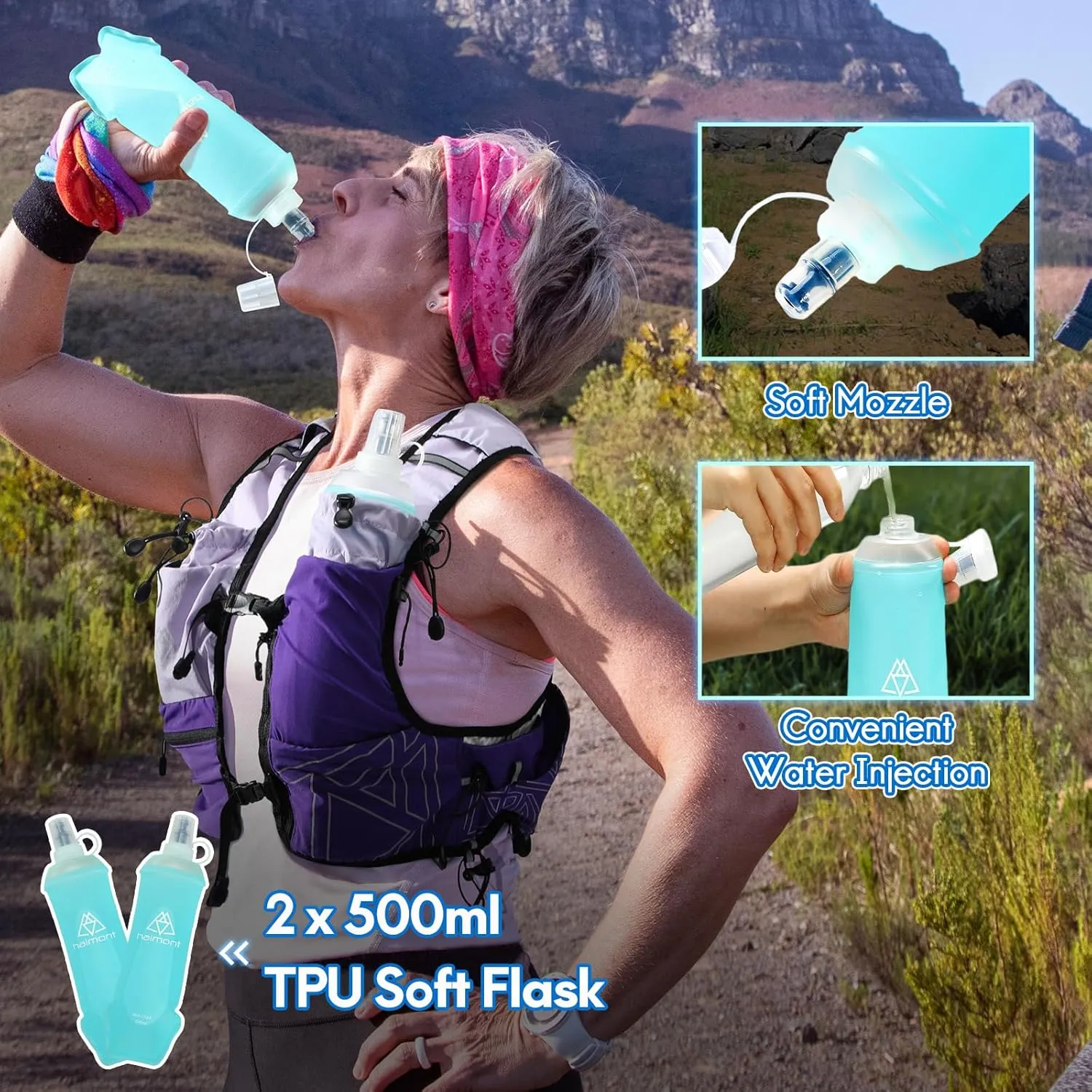 Haimont Hydration Running Vest with Water Bottles for Women Men, Adjustable Lightweight 8L Water Backpack with Soft Flasks for Trail Running