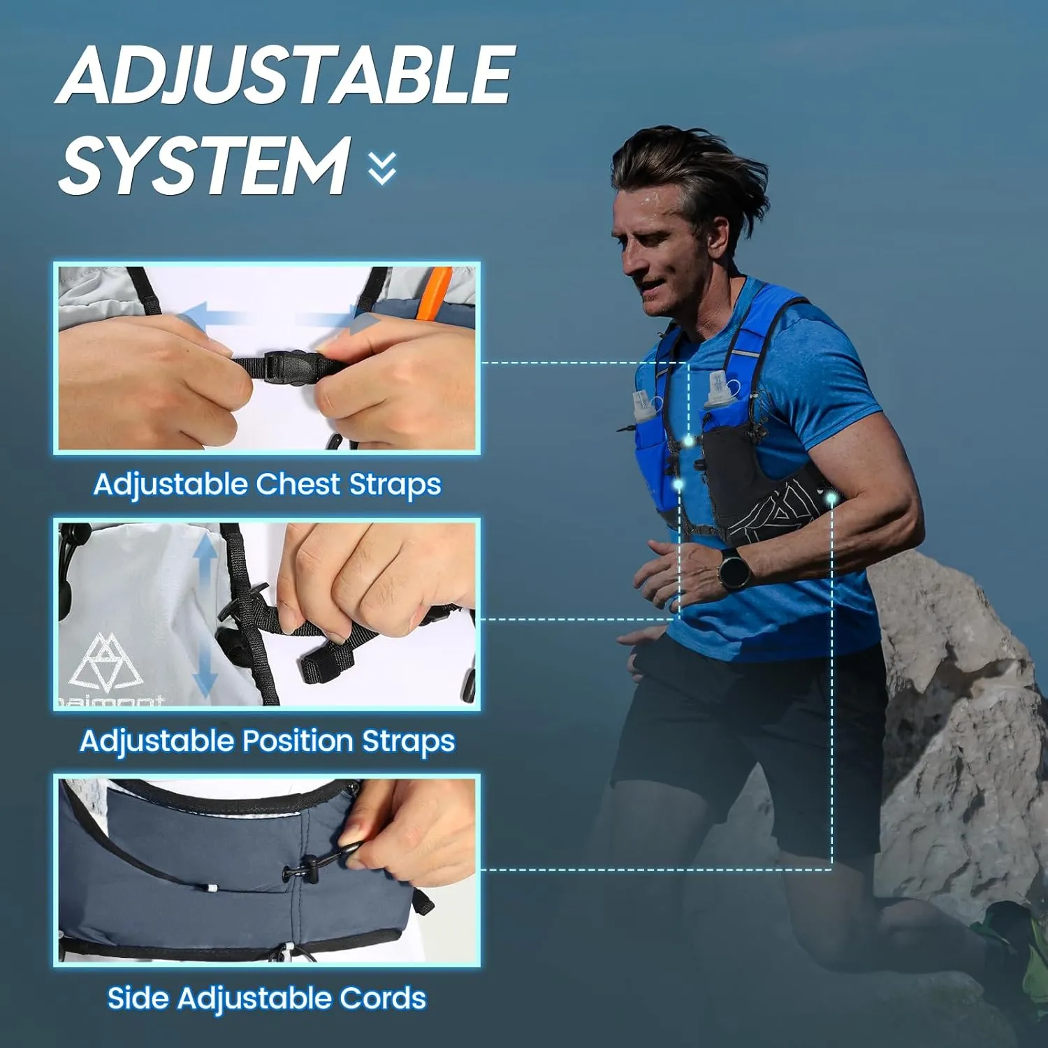 Haimont Hydration Running Vest with Water Bottles for Women Men, Adjustable Lightweight 8L Water Backpack with Soft Flasks for Trail Running