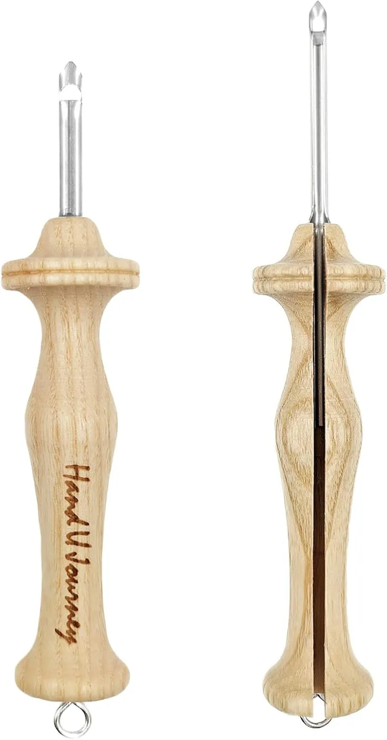 Hand U Journey 8# Fine & 10# Regular Size Beech Wood Handle Punch Needle Rug Hooking Tool Sets-with Oxford Open-Side Design