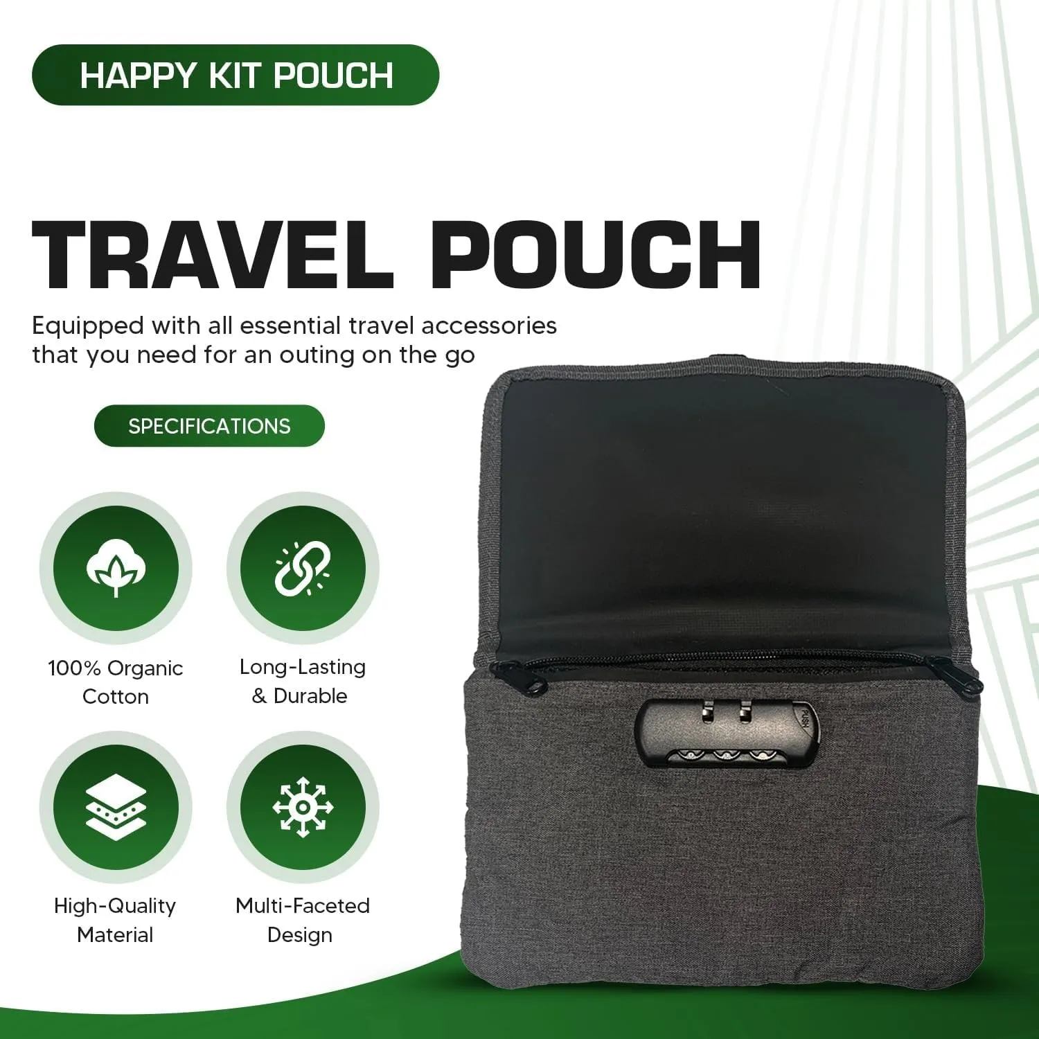Happy Kit - Pouch with Lock and Accessories, 9.69 x 6.34 x 1.26 Kit for Travel and Home, Water Resistant Money Bag Organizer with Combination Lock, Portable Travel Bag