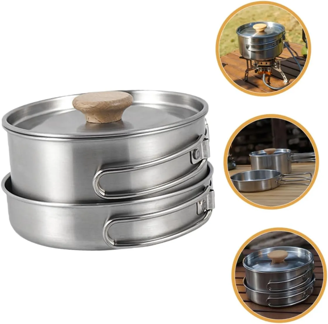 Happyyami Stainless Steel Stainless Steel Cooking Pot Folding Handle Camping Pot Multi-Function Frying Pan Frying