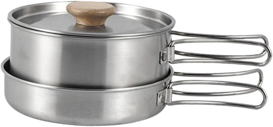 Happyyami Stainless Steel Stainless Steel Cooking Pot Folding Handle Camping Pot Multi-Function Frying Pan Frying