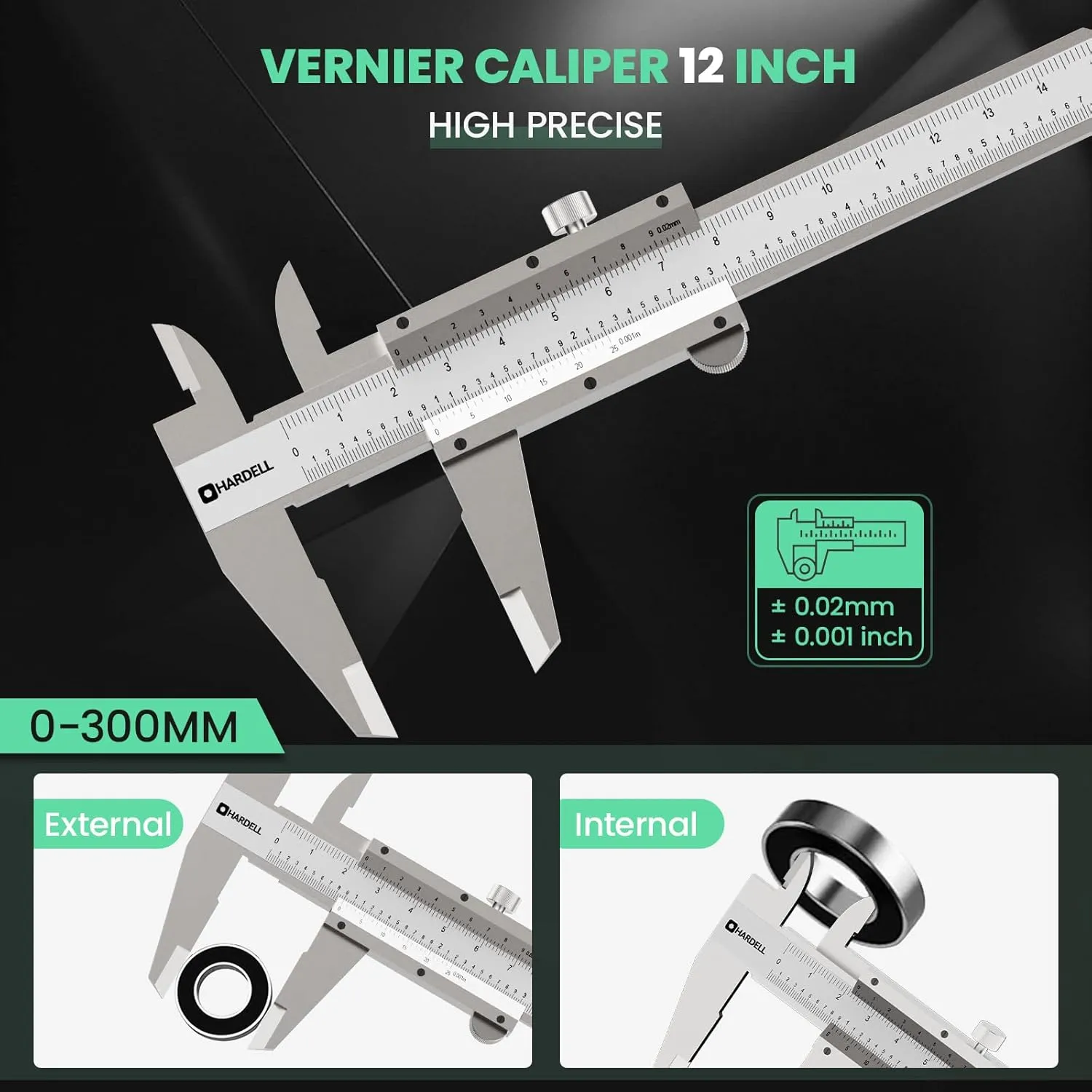 HARDELL Vernier Caliper 12 Inch Stainless Steel, High Precision Micrometer 0.02mm/0.001'', Accuracy 0.05mm Resolution, Dual Reading Scale Caliper Measuring Tool with Storage Case, for DIY/Household
