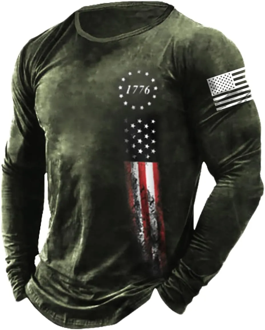 HARGLESMAN Mens Graphic T Shirt Long Sleeve 1776 American Flag Shirts