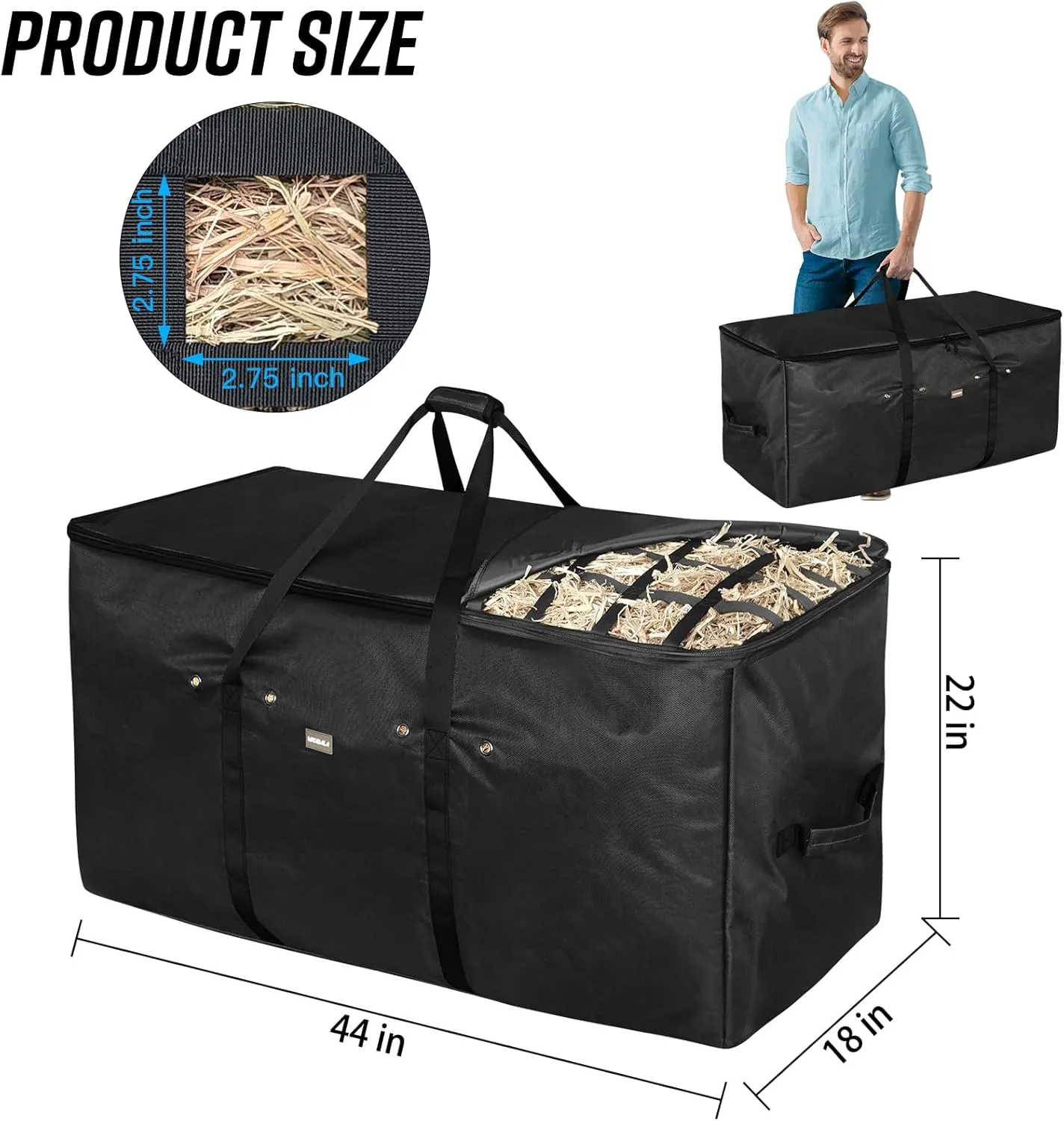 Hay Bale Bag, 44x18x22inch Extra Large Hay Bag with Top Slow Feed Design for Horses Goats Sheep Donkey,Premium Oxford Heavy Duty Hay Bale Storage Bag for Barn Stable (Black)