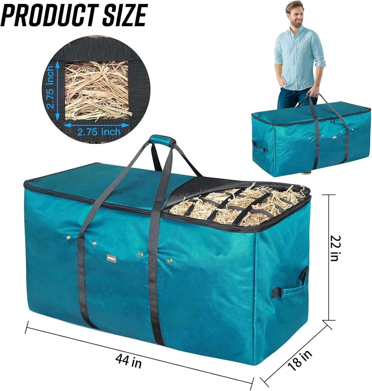 Hay Bale Bag, 44x18x22inch Extra Large Hay Bag with Top Slow Feed Design for Horses Goats Sheep Donkey,Premium Oxford Heavy Duty Hay Bale Storage Bag for Barn Stable (Darkcyan)