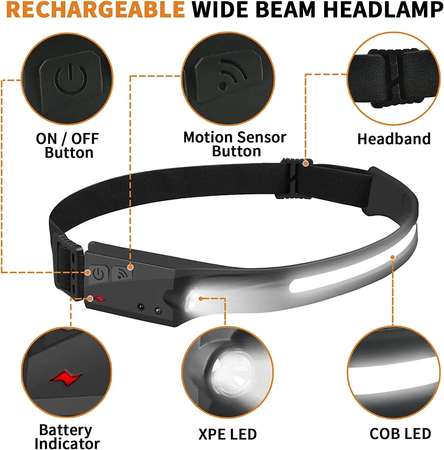 Headlamp 3 Pack, Rechargeable 230° Wide Beam Headlamps, 5 Lighting Modes, Motion Sensor Headlamp, Adjustable Headband, Lightweight Waterproof Headlight for Fishing, Camping…