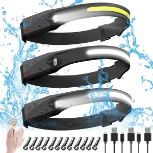 Headlamp 3 Pack, Rechargeable 230° Wide Beam Headlamps, 5 Lighting Modes, Motion Sensor Headlamp, Adjustable Headband, Lightweight Waterproof Headlight for Fishing, Camping…