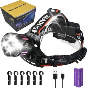 Headlamp Rechargeable 150000LM Bright Head Lamp, 40H Type-C Cable Adjustable Headlight Outdoor, 4Mode Head Lights for Forehead, 90° LED Waterproof Headlamps Adults Camping Hiking