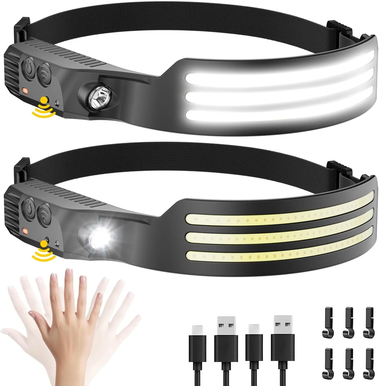 Headlamp Rechargeable 2PCS, Motion Sensor 230° COB Head Lamp, Headlights for Forehead, Hard hat Light for Adults, LED Headband Flashlight for Work, Hiking, Running, Camping Essentials Gear
