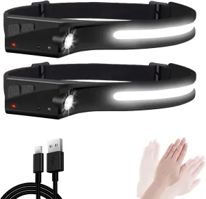 Headlamp Rechargeable 2PK, 230° Wide Angle, Motion Sensor Headlamp Flashlight, 2 COB 5 Modes Head Lamps Lightweight Waterproof for Running Camping Hiking Fishing Reading Working