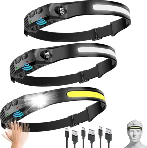 Headlamp Rechargeable 3 PCS, Head Lamp LED with Motion Sensor for Adults - Camping Accessories Gear, Waterproof Head Light Flashlight for Hiking, Running, Repairing, Fishing, Cycling