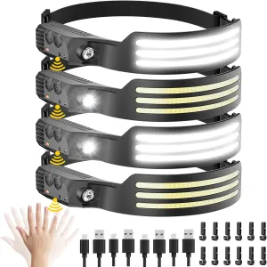Headlamp Rechargeable 4PCS, Motion Sensor 230° COB Head Lamp, Headlights for Forehead, Hard hat Light for Adults, LED Headband Flashlight for Work, Hiking, Running, Camping Essentials Gear