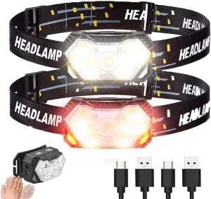 Headlamp Rechargeable 9 LED Headlamp Flashlight Motion Sensor Head Lights Headlight with White Red Light for Running Cycling Working Camping(2 Pack)