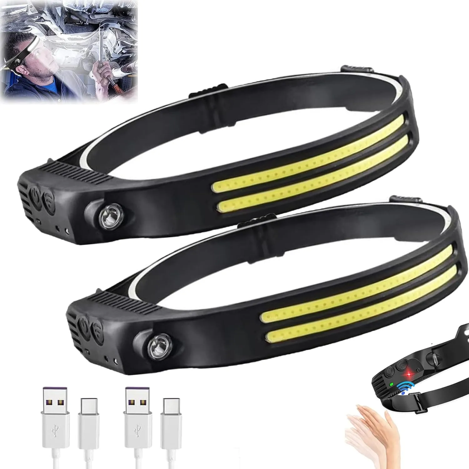 Headlamp Rechargeable, Lumenlight Led Headlamp, 230 Wide Beam Head Lamp Led with Motion Sensor, 2 Pack Headband Lights for Forehead, for Outdoors (2, Double White Light)