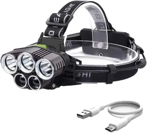 Headlamp Rechargeable,6 Mode 25000 High Lumen Bright 5 LED Headlamp with Red White Light,IPX5 Waterproof Headlights,Head Lamps for Hunting Camping Fishing Hiking Running