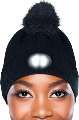 Headlightz by Roq Innovation - POM POM Beanie with Light, Unisex LED Beanie Hat with Light Built in, Rechargeable