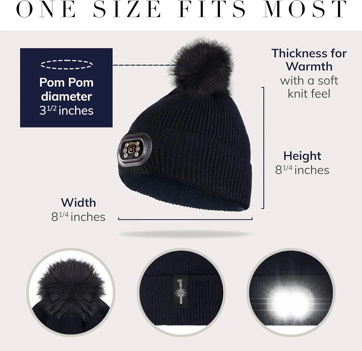 Headlightz by Roq Innovation - POM POM Beanie with Light, Unisex LED Beanie Hat with Light Built in, Rechargeable