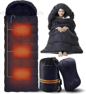 Heated Sleeping Bag with 3 Heating Levels, Waterproof Lightweight with Pillow and Compression Sack for Camping Hiking Backpacking Cold Weather