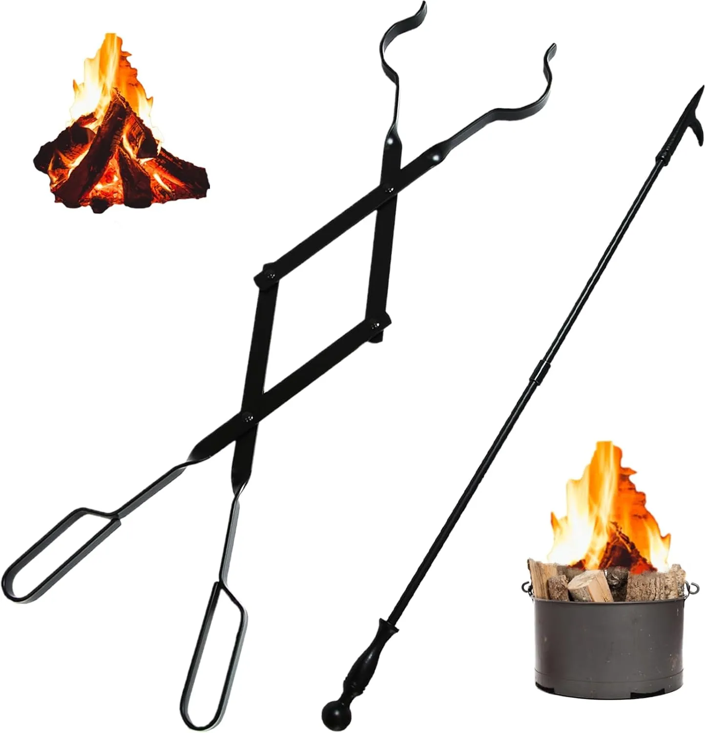 Heavy Duty 26'' Fireplace Fire Pit Campfire Tongs and 32'' Fire Pit Poker, Fireplace Tool Set, Portable Log Grabbers, for Fireplaces, Fire Pits, Campfires, Wood Stoves, Camping, Bonfires (Black)