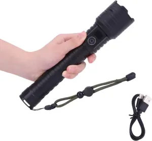 Helmut Flashlight 12000Lumen 5 Modes IP44 Waterproof Zoomable Rechargeable LED Compact High Power Flashlight for Camping Hiking Gift Emergencies (9.6*2)
