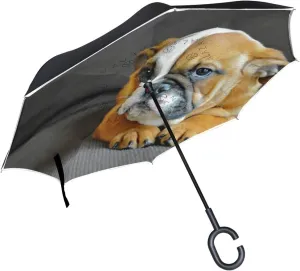 hengpai English Bulldog Puppy Reverse Inverted Inside Out Umbrella Cars Unigue Windproof UV Proof Double Layer for Women