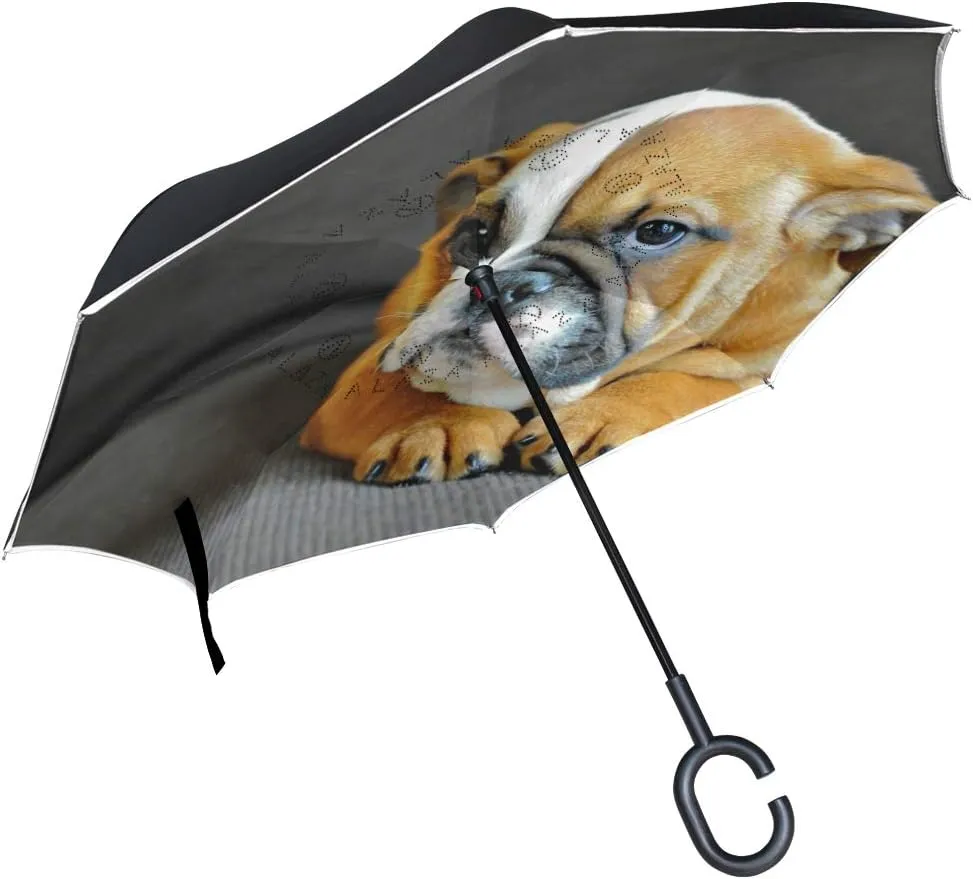 hengpai English Bulldog Puppy Reverse Inverted Inside Out Umbrella Cars Unigue Windproof UV Proof Double Layer for Women