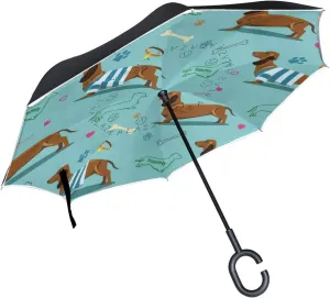 hengpai Summer Dachshund Dog Bone Reverse Inverted Inside Out Umbrella Cars Unigue Windproof UV Proof Double Layer for Women