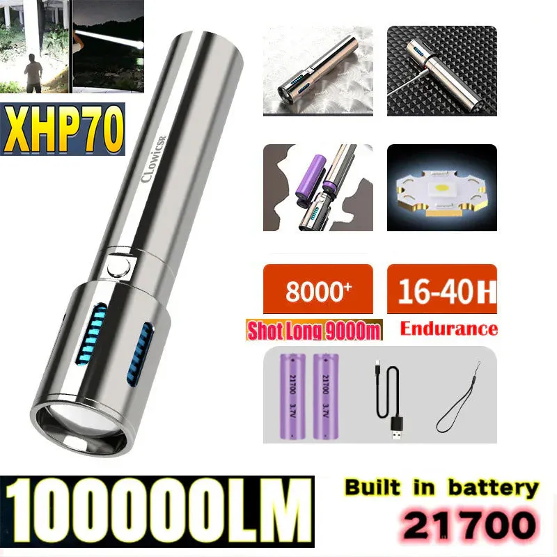 High-grade Stainless Steel 100000Lumens XHP70 Tactical Flashlight With 21700 Tesla Li-ion Battery 8-20 Hours High Endurance 9000M Long shot Waterproof