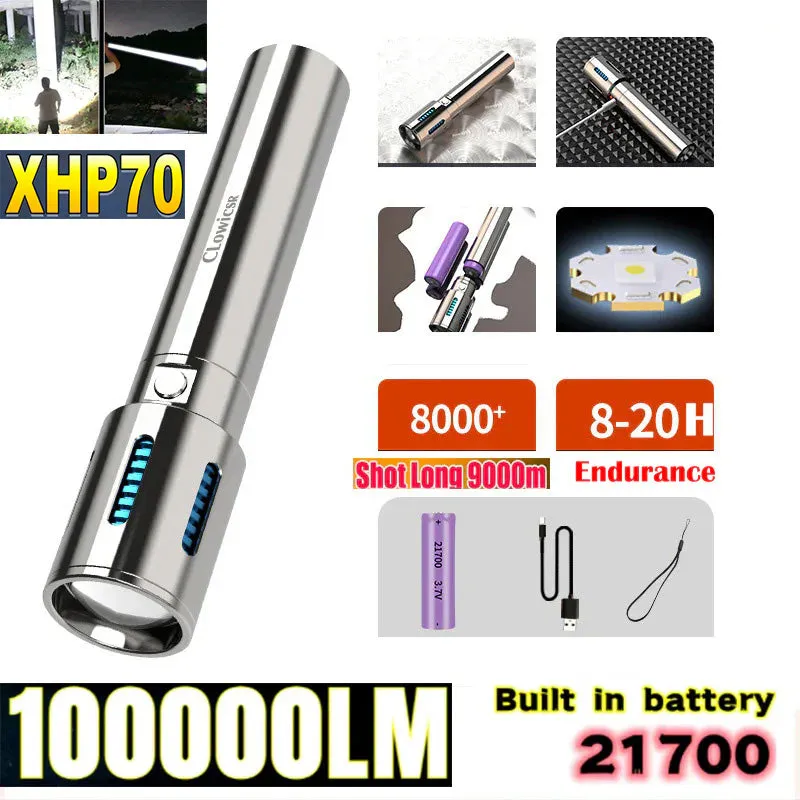 High-grade Stainless Steel 100000Lumens XHP70 Tactical Flashlight With 21700 Tesla Li-ion Battery 8-20 Hours High Endurance 9000M Long shot Waterproof
