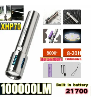 High-grade Stainless Steel 100000Lumens XHP70 Tactical Flashlight With 21700 Tesla Li-ion Battery 8-20 Hours High Endurance 9000M Long shot Waterproof