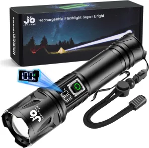 High Lumen Flashlight - 10000 Lumens, Rechargeable 5000mAh with LCD Display, Zoomable Long Beam (3000m), IP67 Waterproof, 5 Modes & Belt Clip - for Camping, Dog Walking