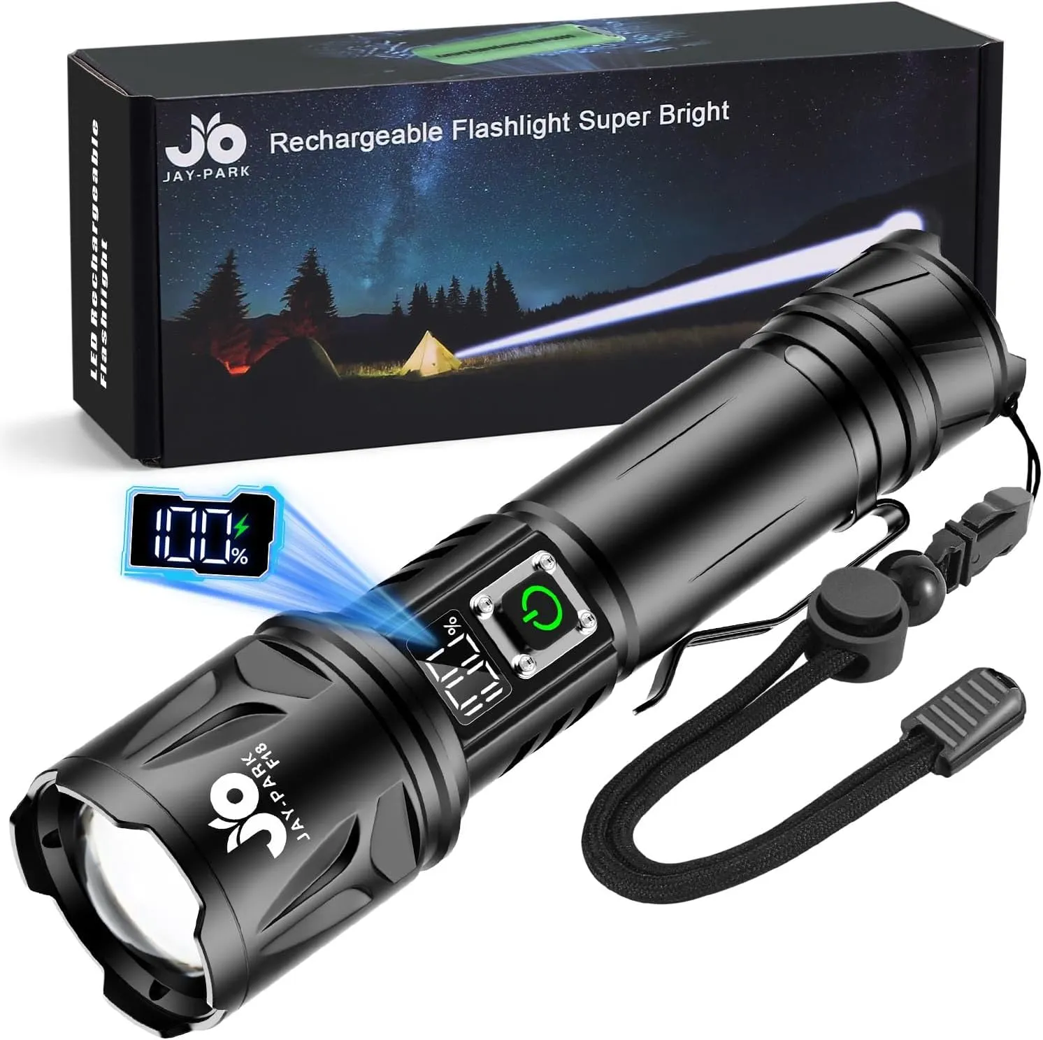 High Lumen Flashlight - 10000 Lumens, Rechargeable 5000mAh with LCD Display, Zoomable Long Beam (3000m), IP67 Waterproof, 5 Modes & Belt Clip - for Camping, Dog Walking