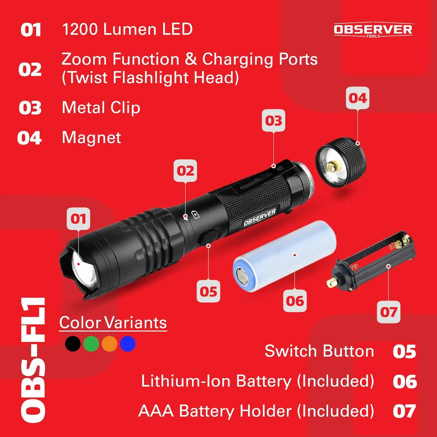 High Lumen Utility Flashlight, Rear Magnet, LED, Rechargeable, Powerbank for Phone, AAA Adapter - Tactical, Military, Police Flashlight, 1200 Super Bright Lumens