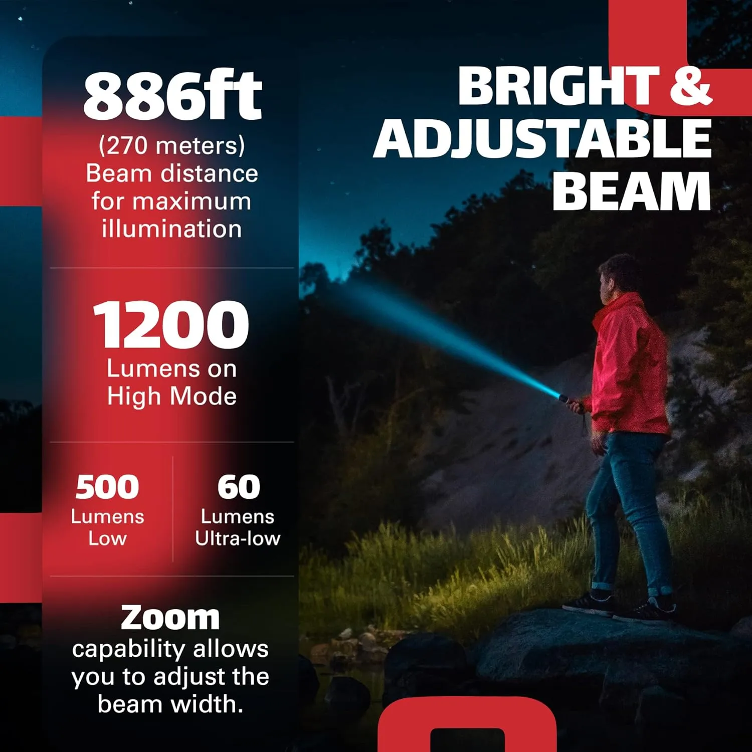 High Lumen Utility Flashlight, Rear Magnet, LED, Rechargeable, Powerbank for Phone, AAA Adapter - Tactical, Military, Police Flashlight, 1200 Super Bright Lumens
