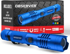 High Lumen Utility Flashlight, Rear Magnet, LED, Rechargeable, Powerbank for Phone, AAA Adapter - Tactical, Military, Police Flashlight, 1200 Super Bright Lumens