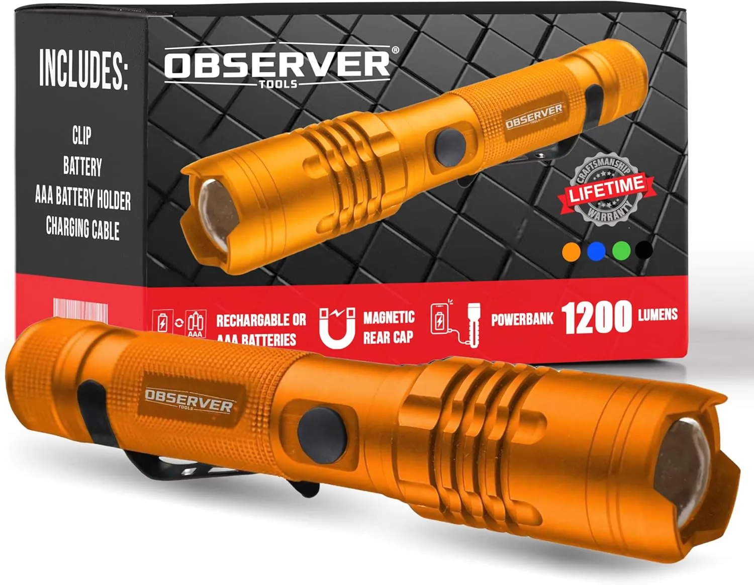 High Lumen Utility Flashlight, Rear Magnet, LED, Rechargeable, Powerbank for Phone, AAA Adapter - Tactical, Military, Police Flashlight, 1200 Super Bright Lumens