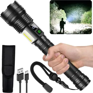 High Lumens Flashlights, 3,000 lumens, Extremely Bright USB Rechargeable Tactical Flashlight, Zoomable, IP67 Waterproof, 10 Modes for Home, Outdoor, Emergency, Patrol, Camping (with Battery)