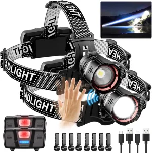 High Lumens LED Headlamp& 100H Using Time, USB Rechargeable Head lamp, 90° Adjustable Widebeam Motion Sensor Head Light with 5 Modes,Zoomable for Camping Running Hiking Hard Hat Headlamps 2pc