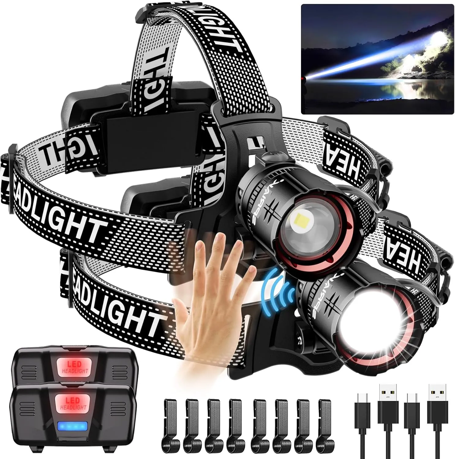 High Lumens LED Headlamp& 100H Using Time, USB Rechargeable Head lamp, 90° Adjustable Widebeam Motion Sensor Head Light with 5 Modes,Zoomable for Camping Running Hiking Hard Hat Headlamps 2pc