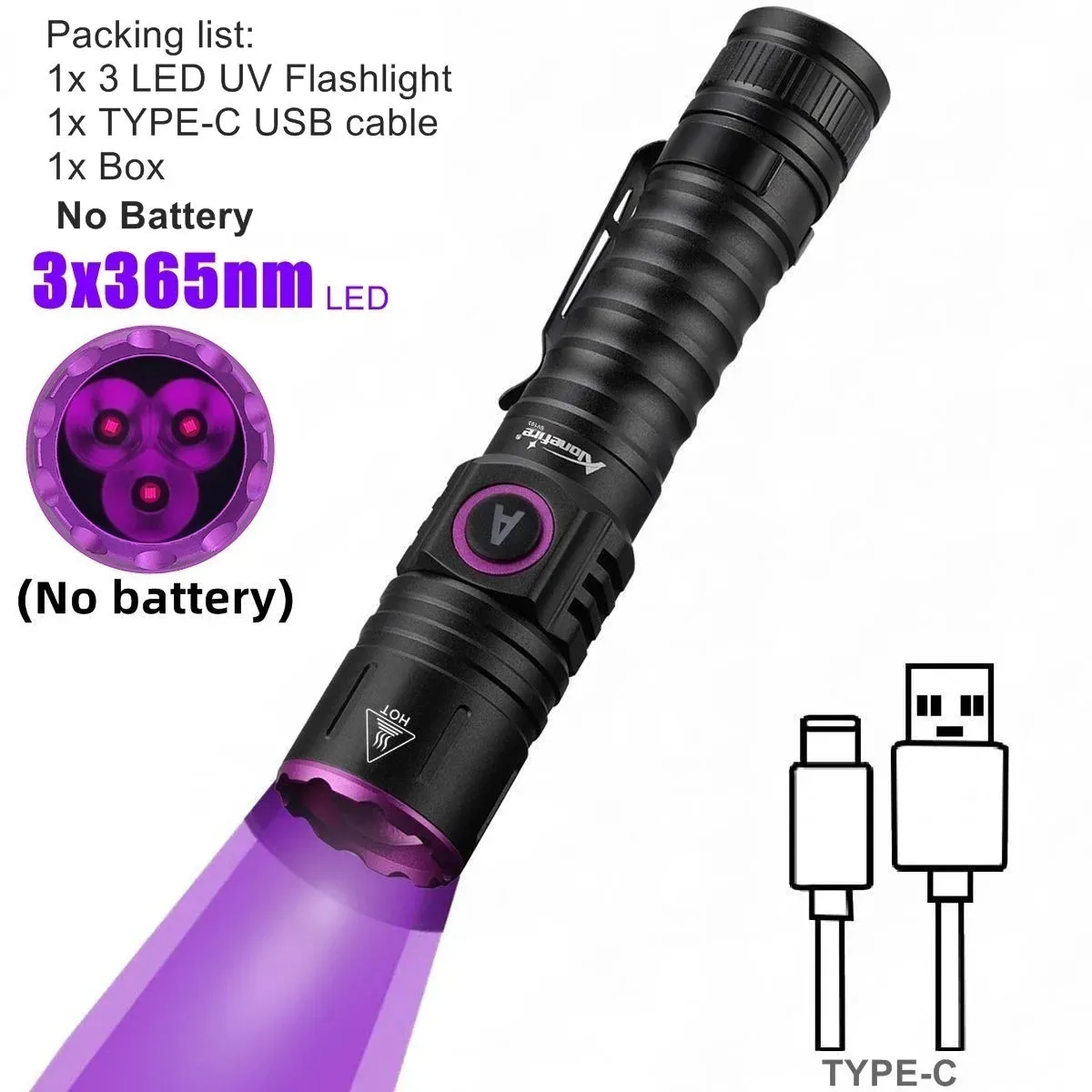 High Power 15W UV Flashlight 395/365nm USB Rechargeable for Pet Urine, Tinea, Ore, Money, Scorpions, Fluorescence Detection
