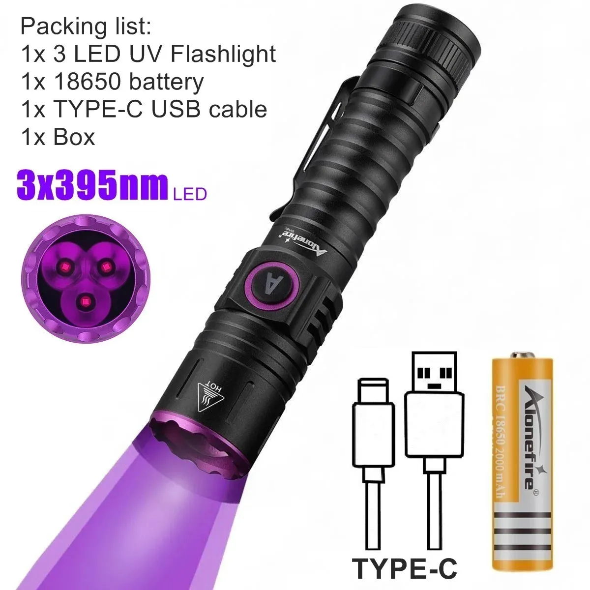 High Power 15W UV Flashlight 395/365nm USB Rechargeable for Pet Urine, Tinea, Ore, Money, Scorpions, Fluorescence Detection